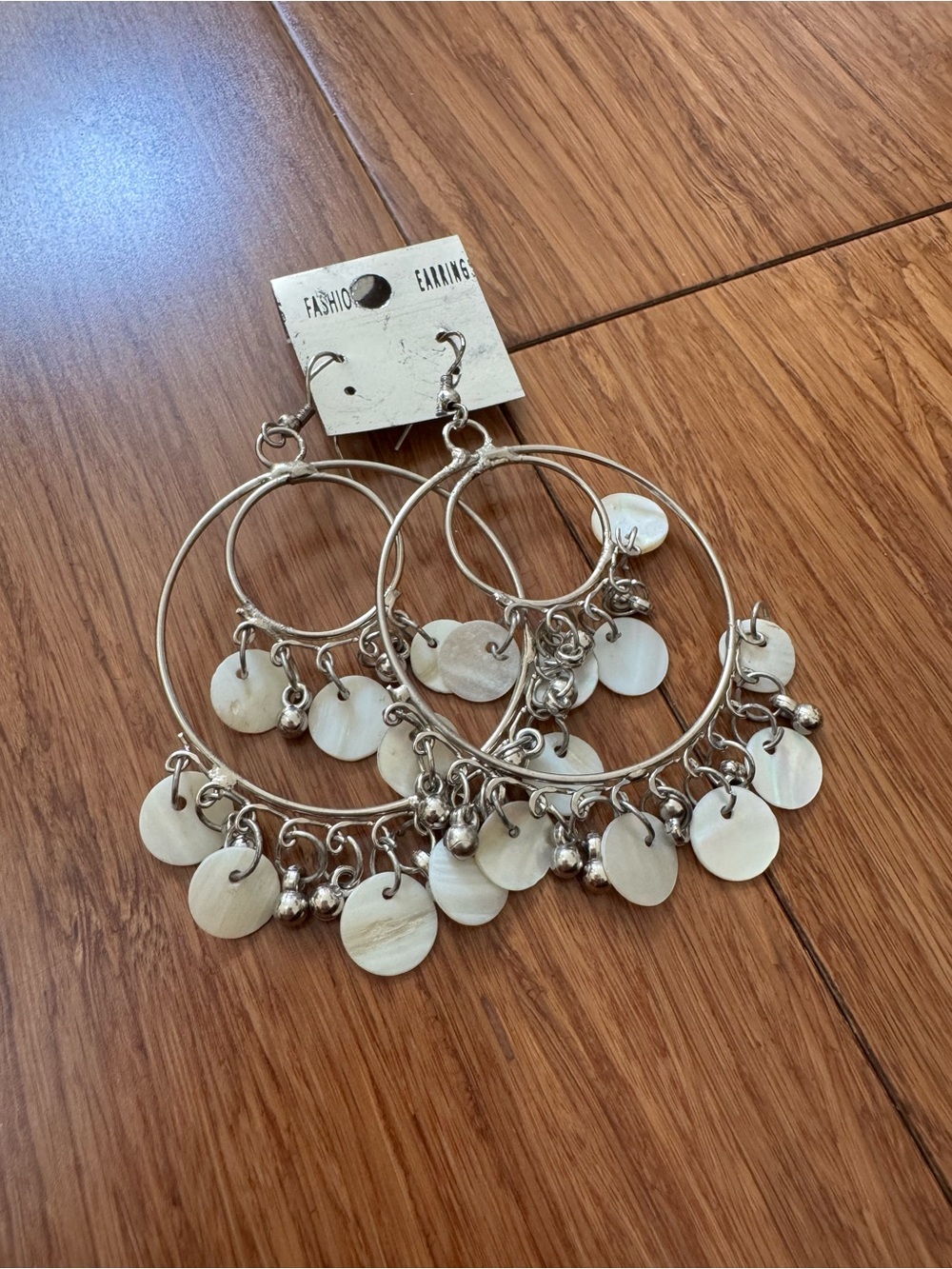 Silver and Cream Shell Hoop Dangle Earrings